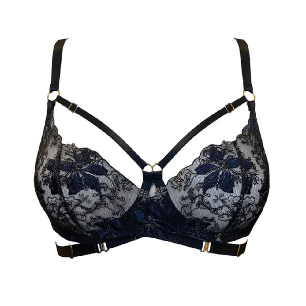 SOLD Bordelle Vita Wrap Wire Bra Black Navy underwire floral embroidered 24k Med